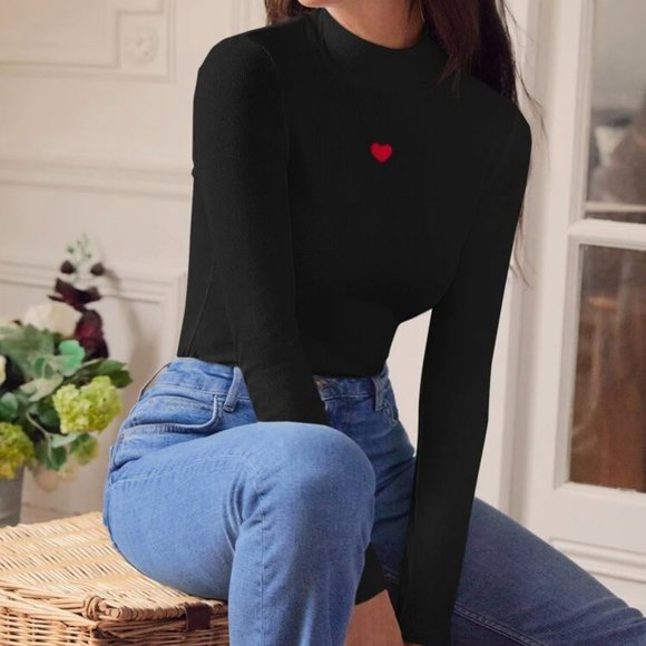 Frenchy Heart Embroidery Mock Neck Tee - Picture 3 of 7
